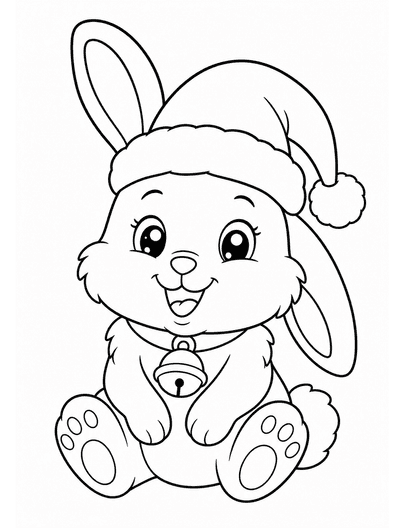 Cute Bunny In A Santa Hat With A Bell printable coloring page from the christmas coloring pages collection