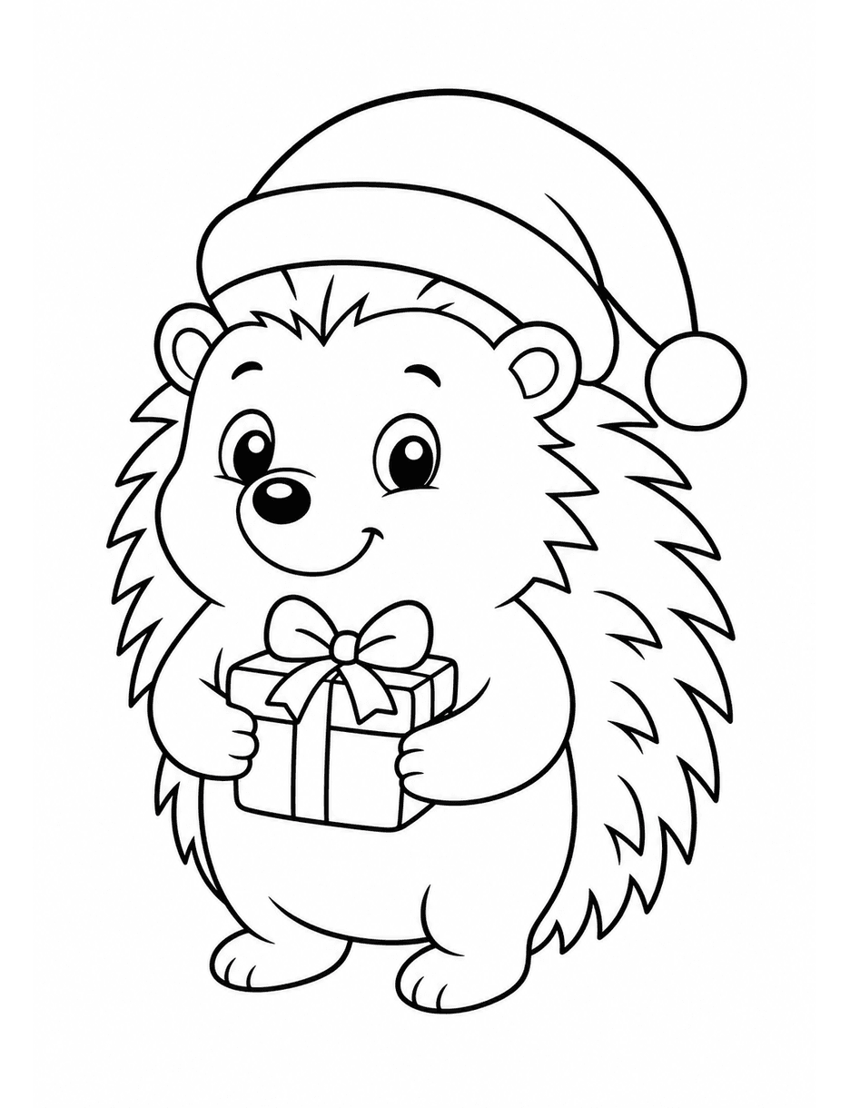 Festive Hedgehog Carrying A Tiny Present printable coloring page from the christmas coloring pages collection
