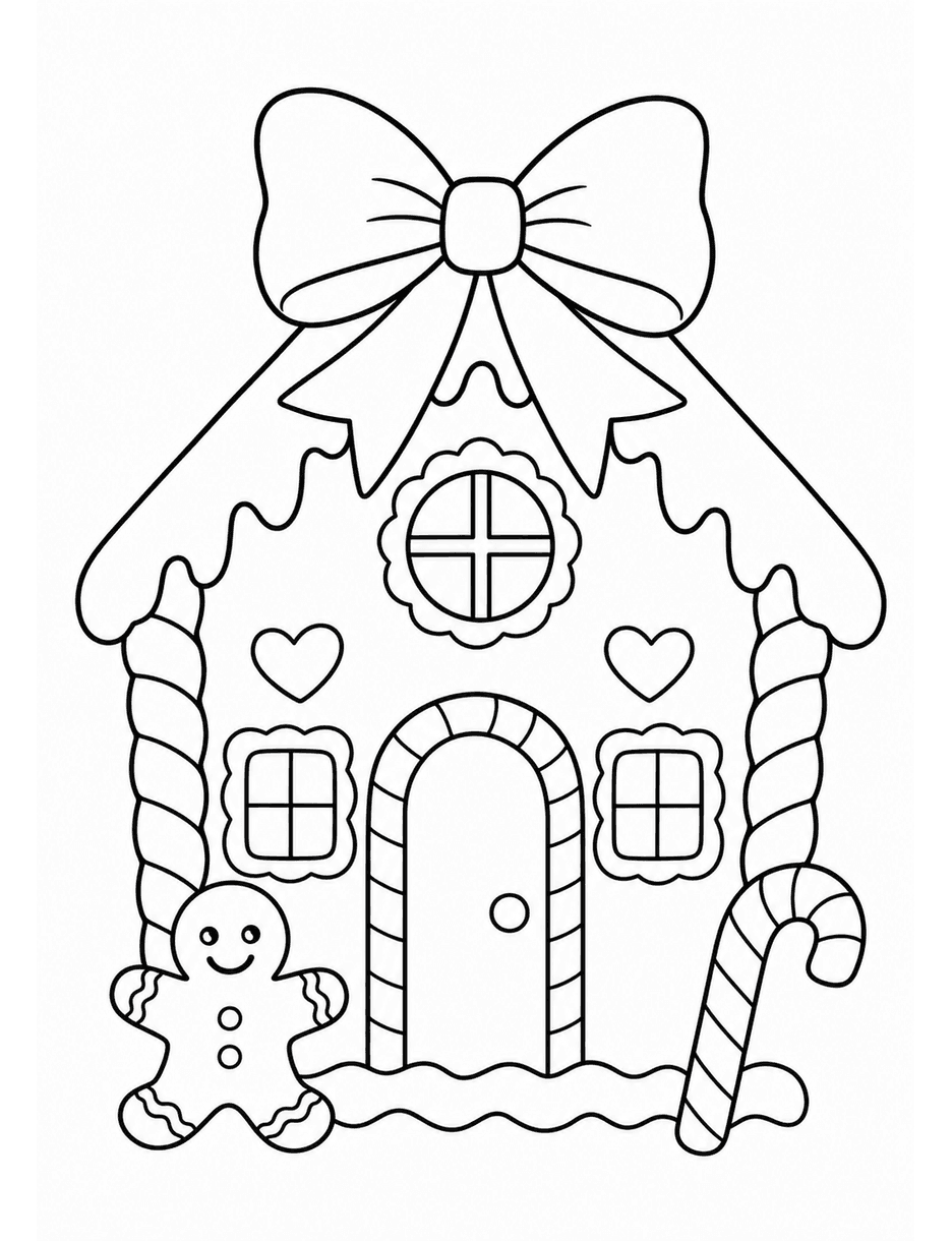 Gingerbread House With A Big Bow printable coloring page from the christmas coloring pages collection