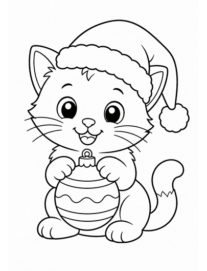 Kitten Wearing Santa Hat Holding An Ornament printable coloring page from the christmas coloring pages collection