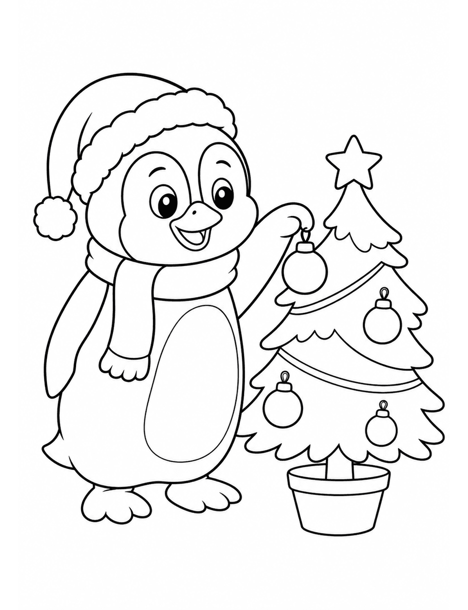 Penguin Decorating A Small Christmas Tree printable coloring page from the christmas coloring pages collection