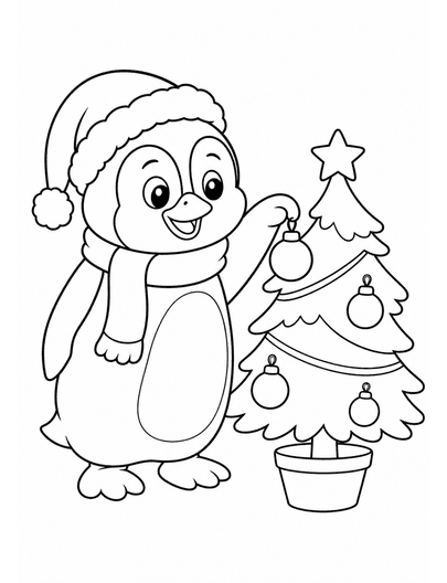 Penguin Decorating A Small Christmas Tree printable coloring page from the christmas coloring pages collection