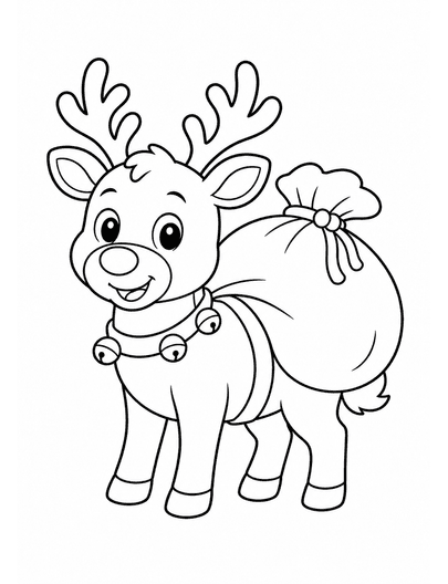 Reindeer With A Gift Sack printable coloring page from the christmas coloring pages collection