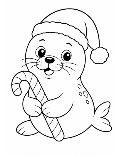 Seal Wearing A Santa Hat Holding A Candy Cane printable coloring page from the christmas coloring pages collection