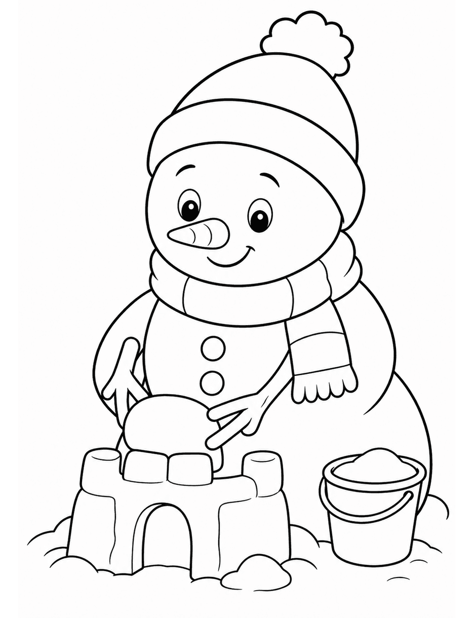 Snowman Building A Tiny Snow Fort printable coloring page from the christmas coloring pages collection