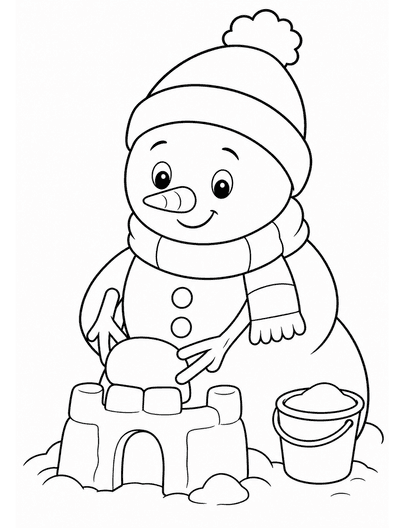 Snowman Building A Tiny Snow Fort printable coloring page from the christmas coloring pages collection
