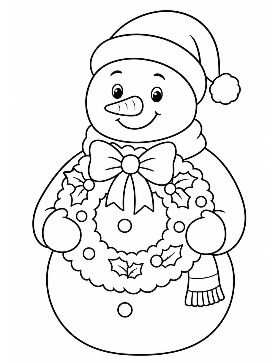 Snowman Carrying A Christmas Wreath printable coloring page from the christmas coloring pages collection
