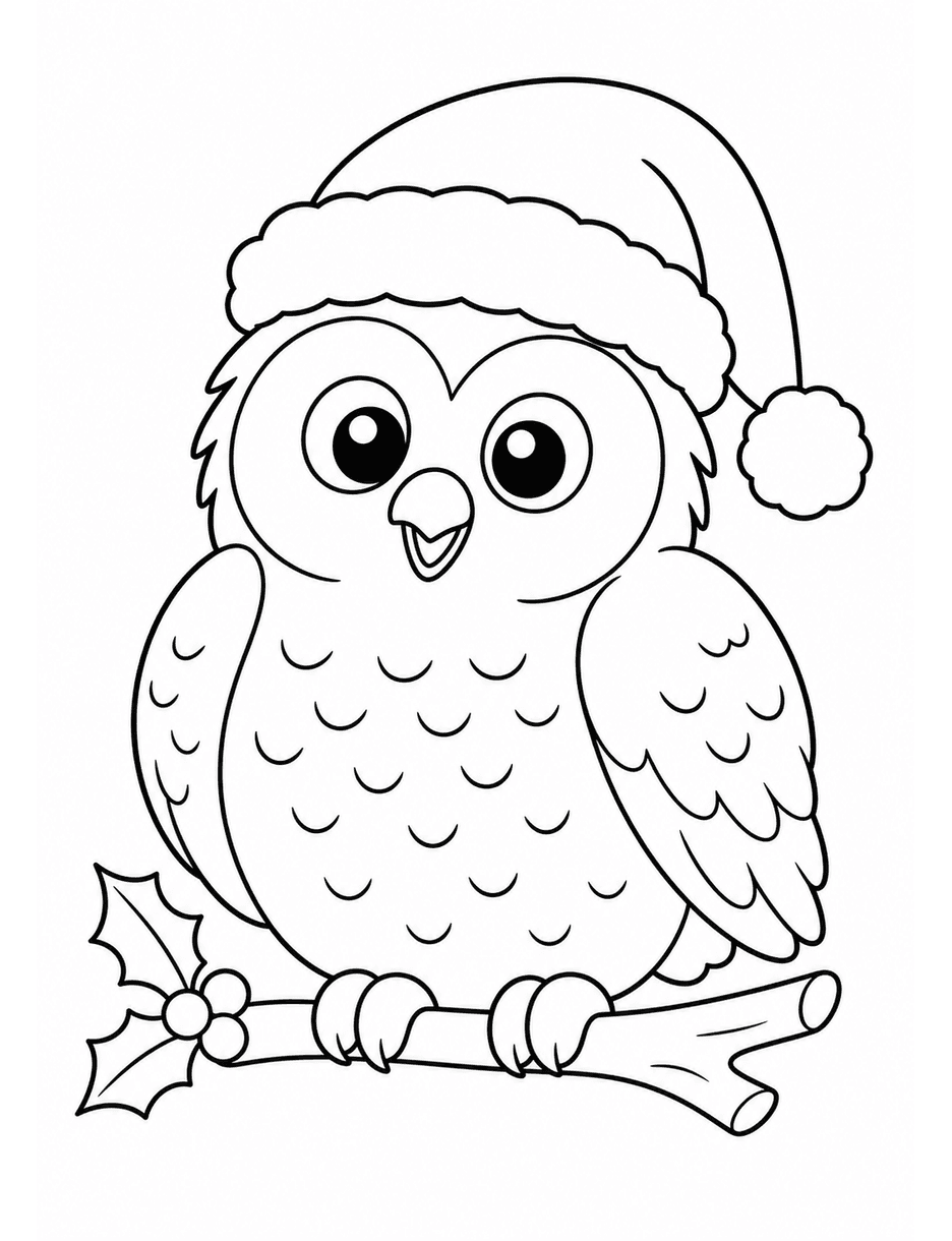 Snowy Owl Wearing A Santa Hat printable coloring page from the christmas coloring pages collection
