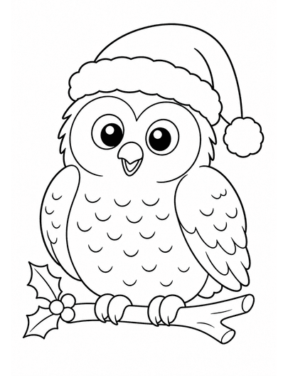 Snowy Owl Wearing A Santa Hat printable coloring page from the christmas coloring pages collection