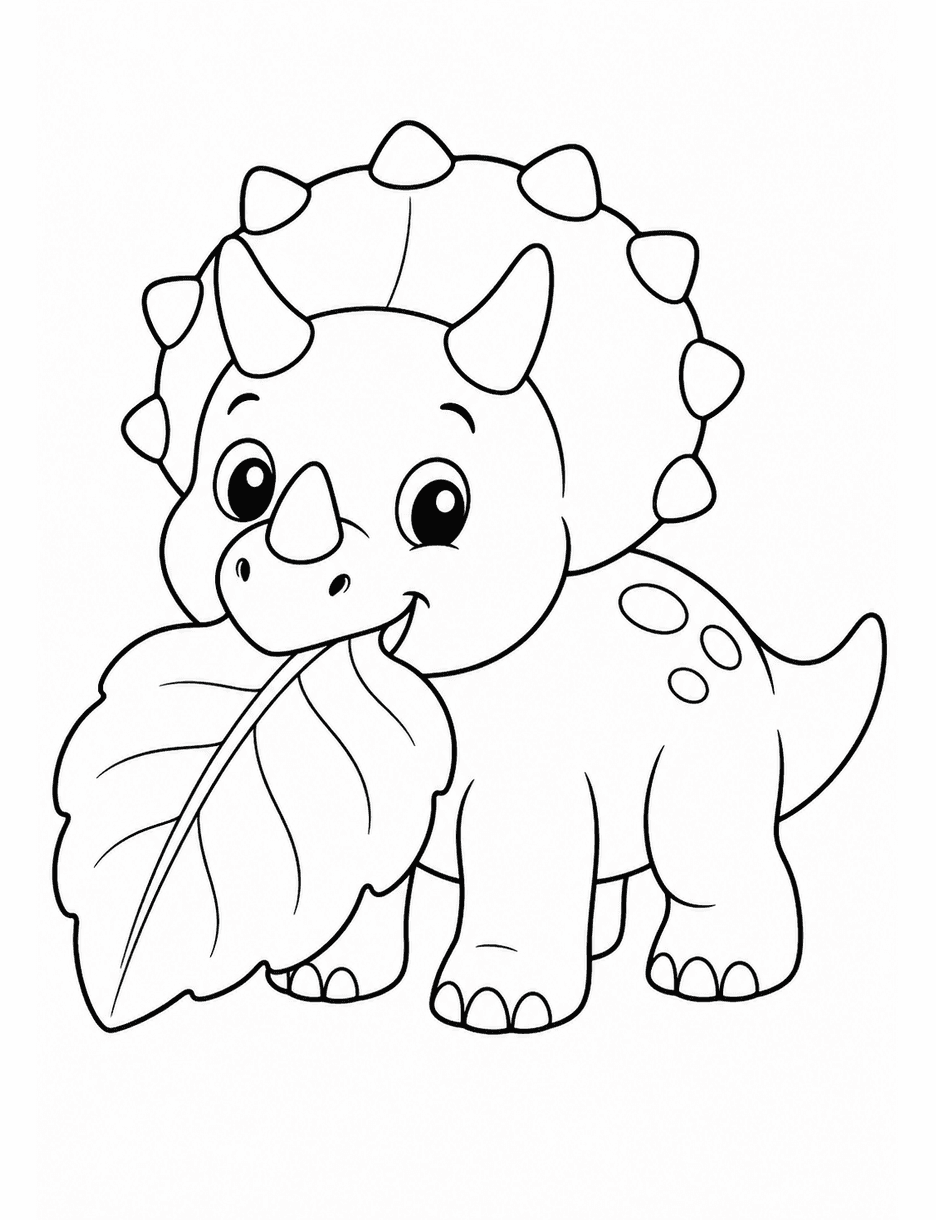 Baby Triceratops Eating A Big Leaf printable coloring page from the dinosaur coloring pages collection