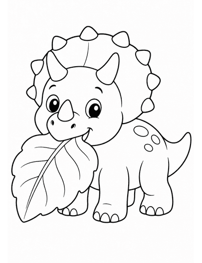 Baby Triceratops Eating A Big Leaf printable coloring page from the dinosaur coloring pages collection