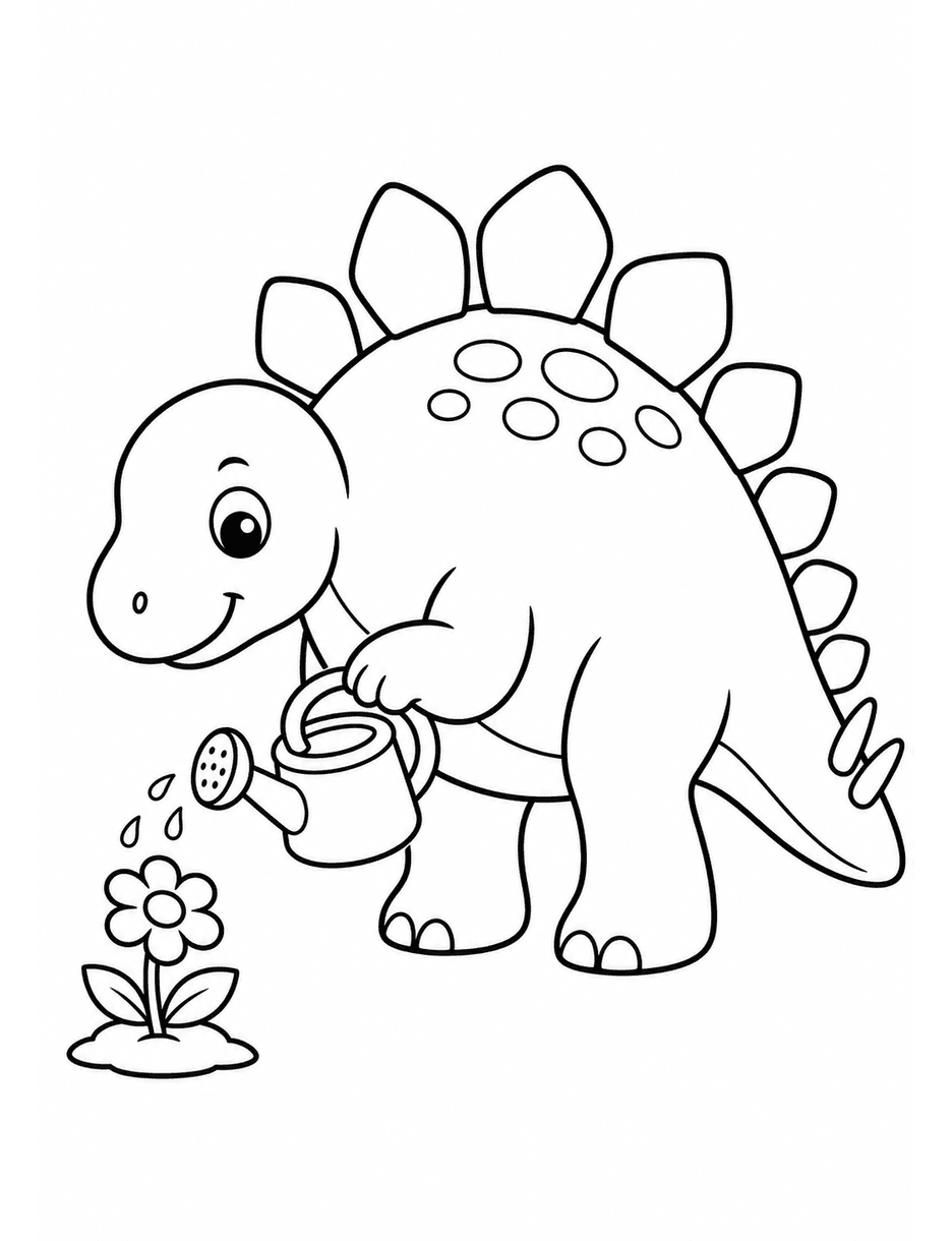 Cute Stegosaurus Watering A Small Flower printable coloring page from the dinosaur coloring pages collection