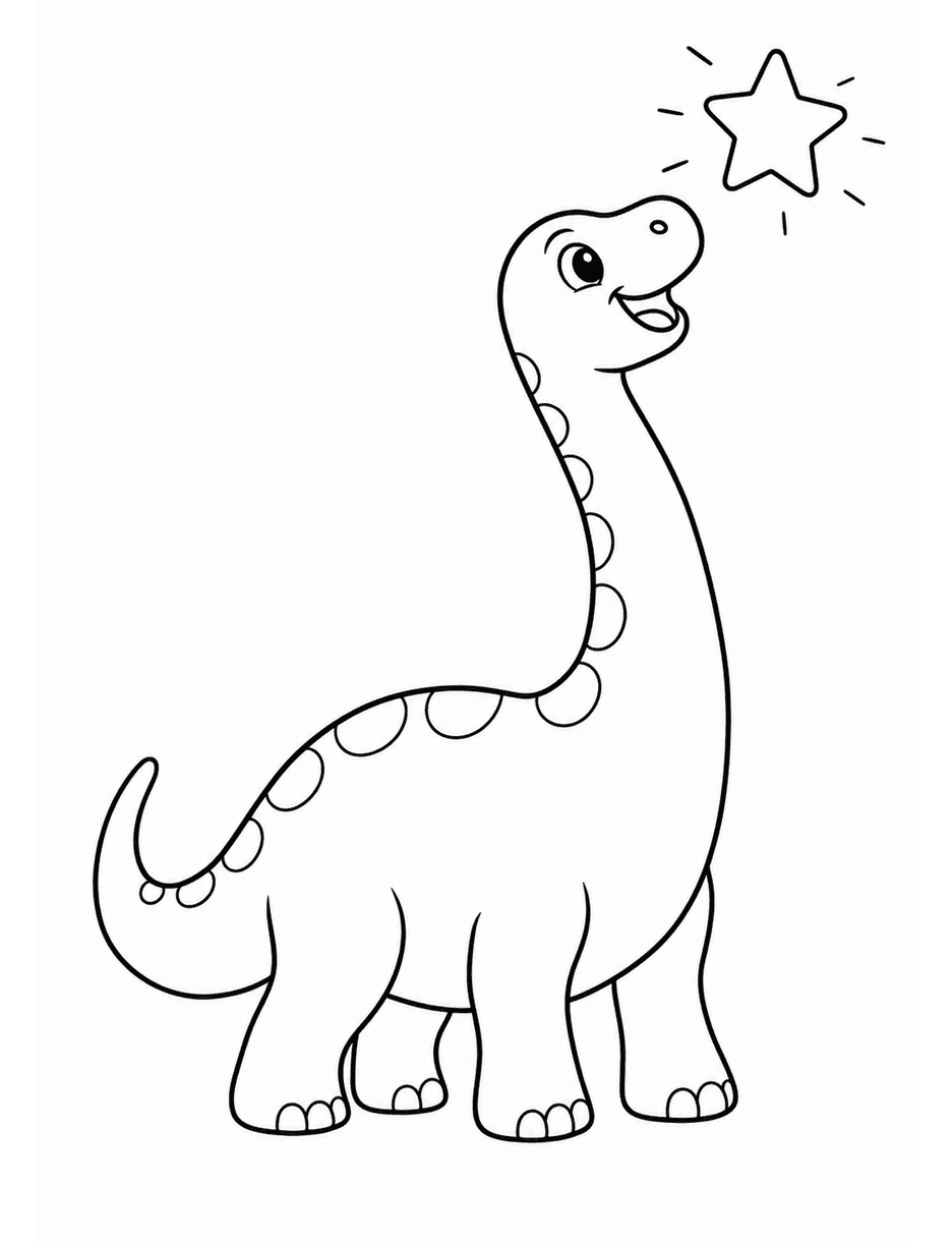 Happy Brachiosaurus Reaching For A Star printable coloring page from the dinosaur coloring pages collection