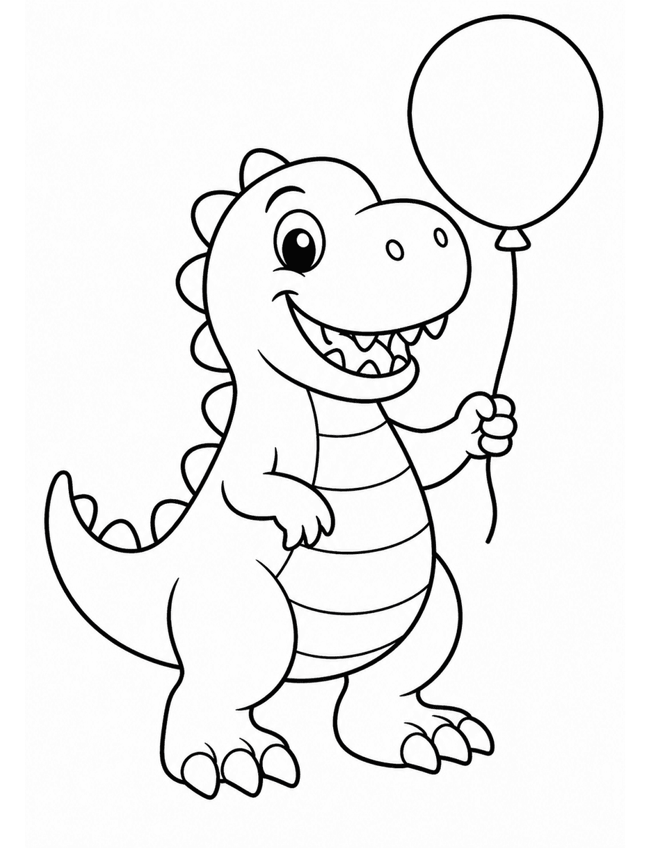 Smiling T-Rex Holding A Balloon printable coloring page from the dinosaur coloring pages collection