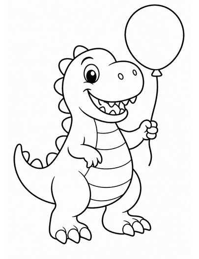 Smiling T-Rex Holding A Balloon printable coloring page from the dinosaur coloring pages collection