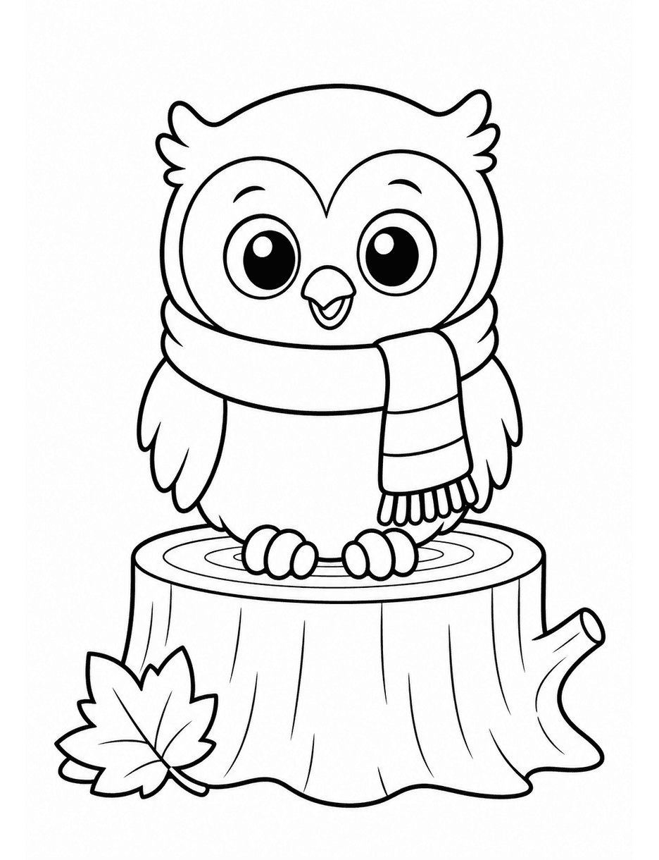 Baby Owl In A Scarf On A Tree Stump printable coloring page from the fall coloring pages collection