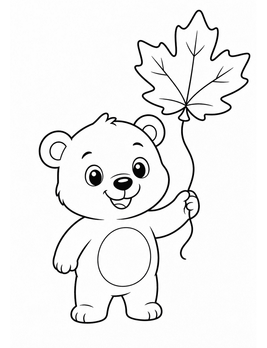 Bear Cub Holding A Maple Leaf Balloon printable coloring page from the fall coloring pages collection