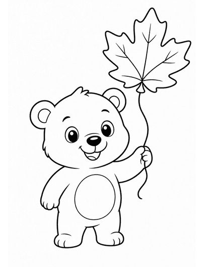 Bear Cub Holding A Maple Leaf Balloon printable coloring page from the fall coloring pages collection