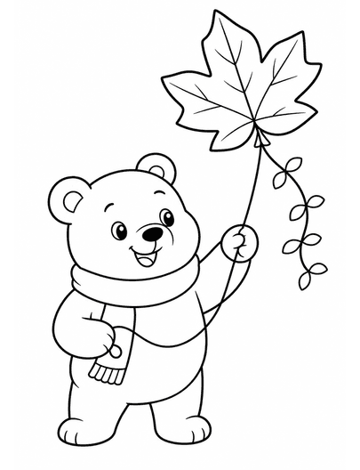 Cozy Bear With A Leaf Kite printable coloring page from the fall coloring pages collection