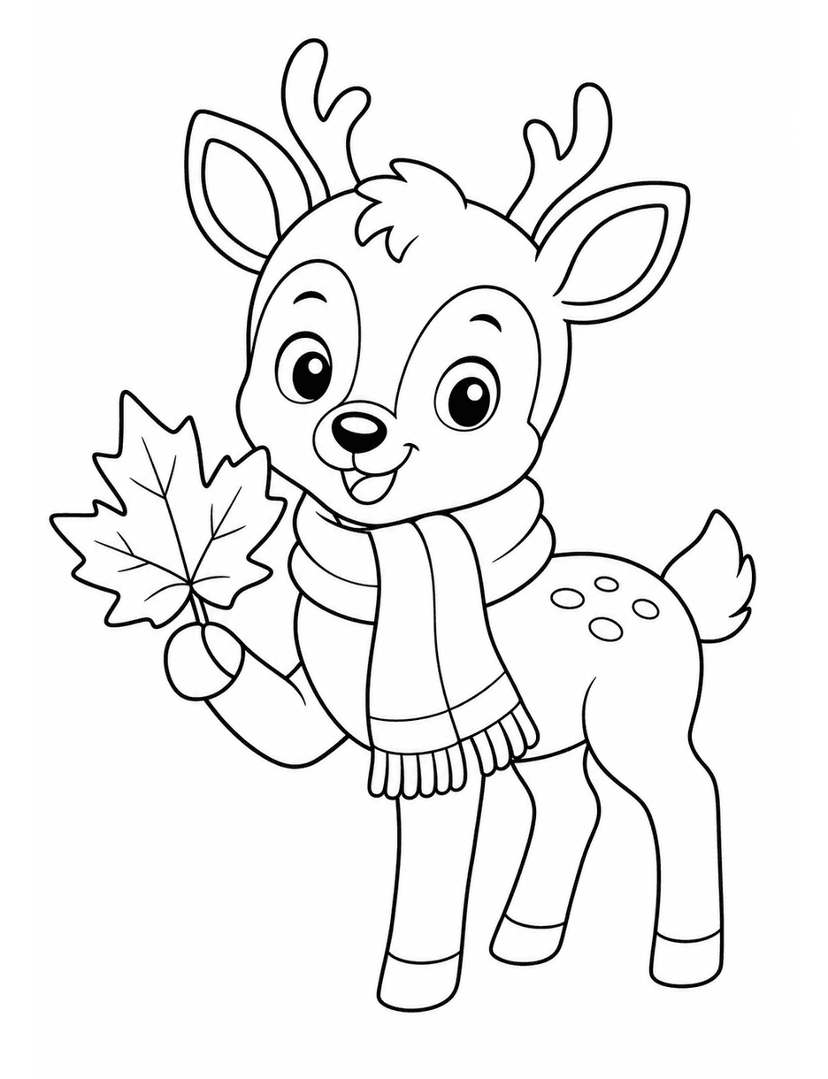 Deer With A Scarf And A Maple Leaf printable coloring page from the fall coloring pages collection
