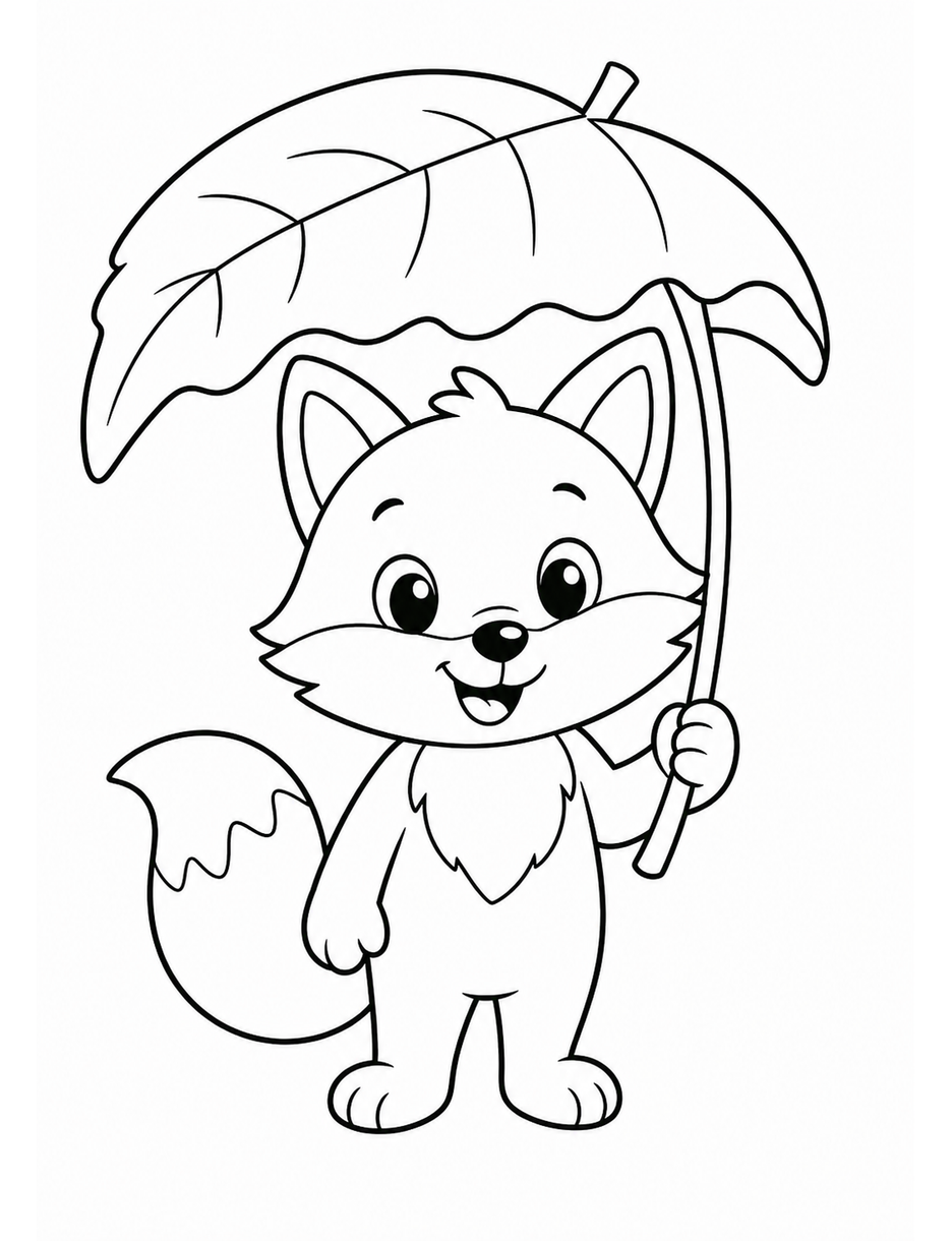 Friendly Fox With A Leaf Umbrella printable coloring page from the fall coloring pages collection