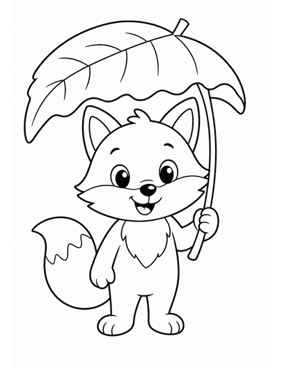 Friendly Fox With A Leaf Umbrella printable coloring page from the fall coloring pages collection
