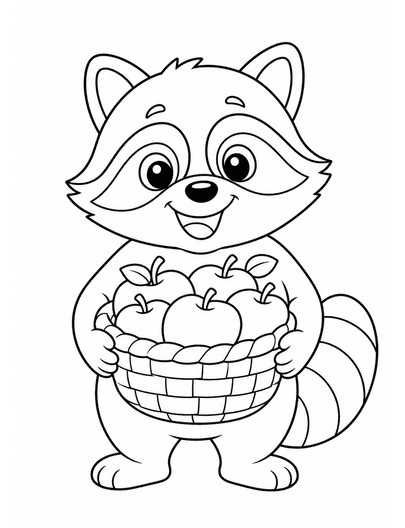 Happy Raccoon With Apple Basket printable coloring page from the fall coloring pages collection
