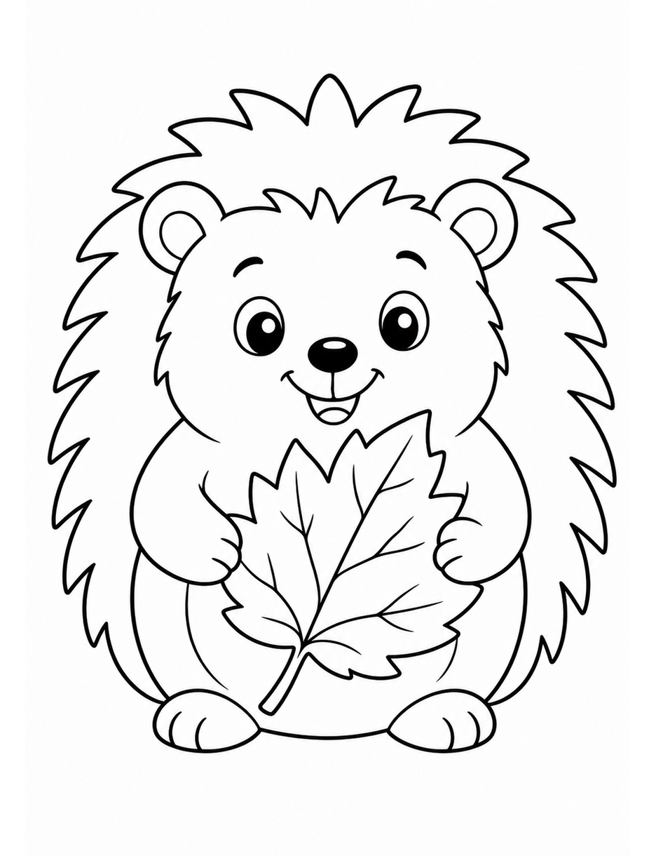 Hedgehog Holding An Autumn Leaf printable coloring page from the fall coloring pages collection