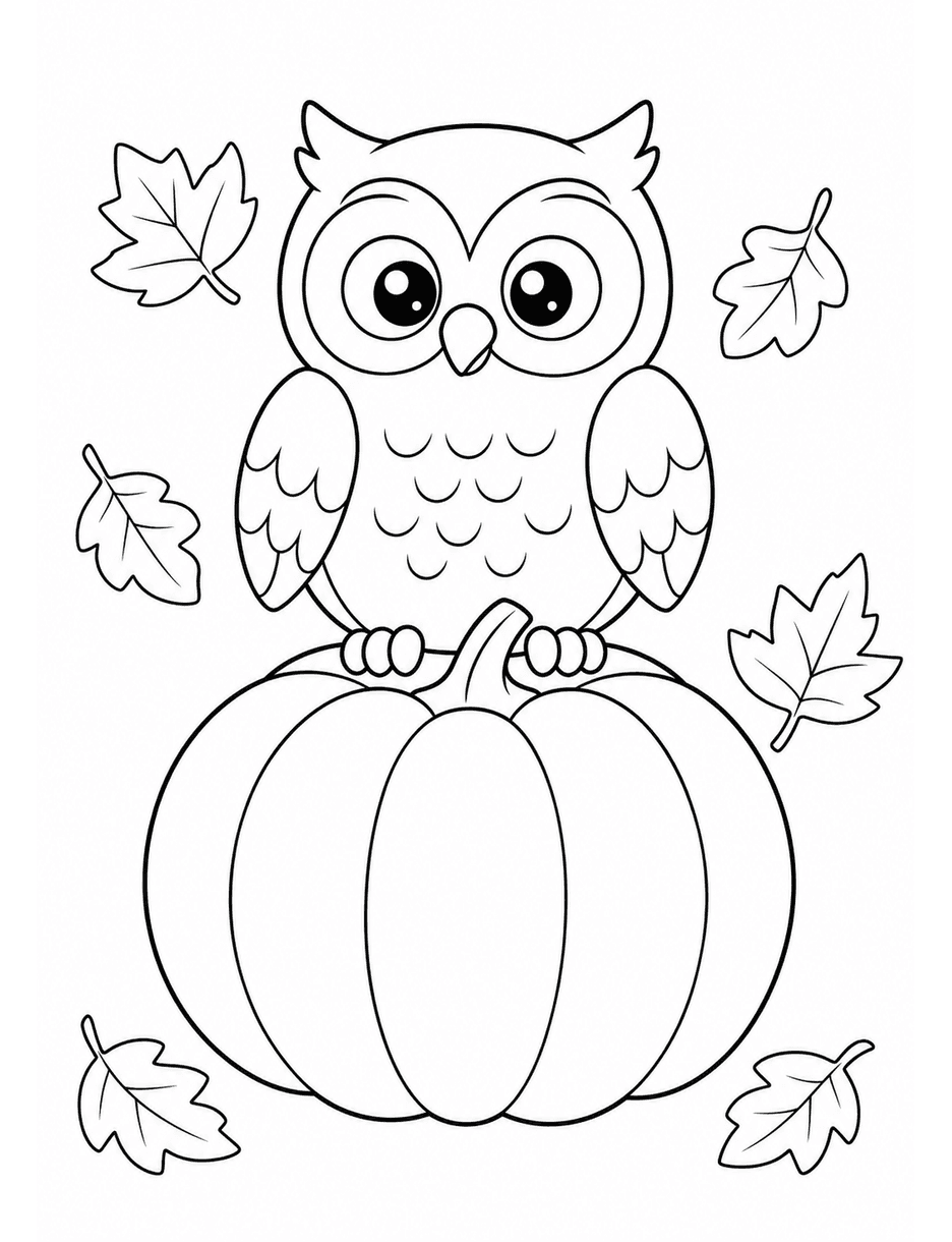 Owl On A Pumpkin With Falling Leaves printable coloring page from the fall coloring pages collection