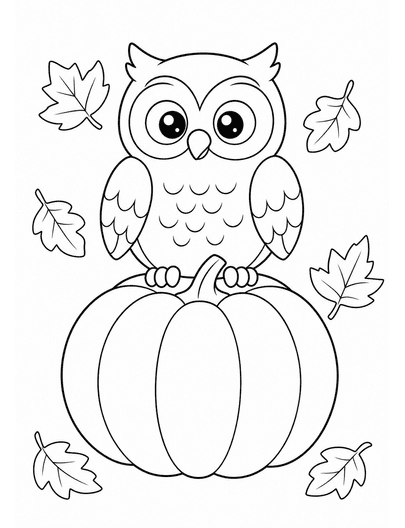 Owl On A Pumpkin With Falling Leaves printable coloring page from the fall coloring pages collection
