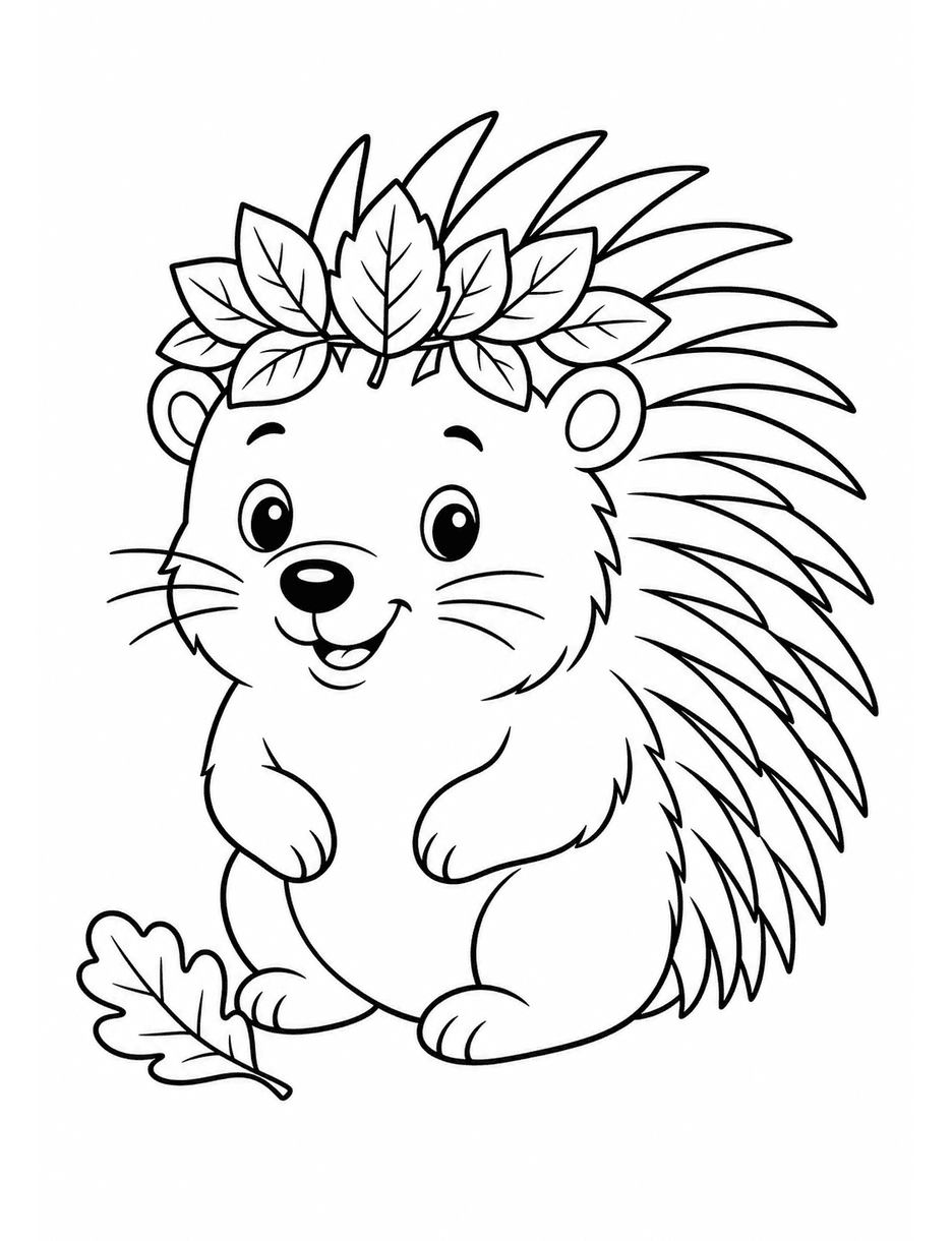 Porcupine With A Leaf Crown printable coloring page from the fall coloring pages collection