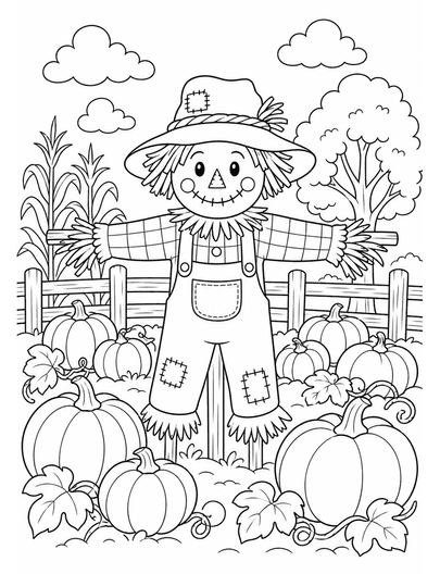 Scarecrow Pumpkin Patch printable coloring page from the fall coloring pages collection