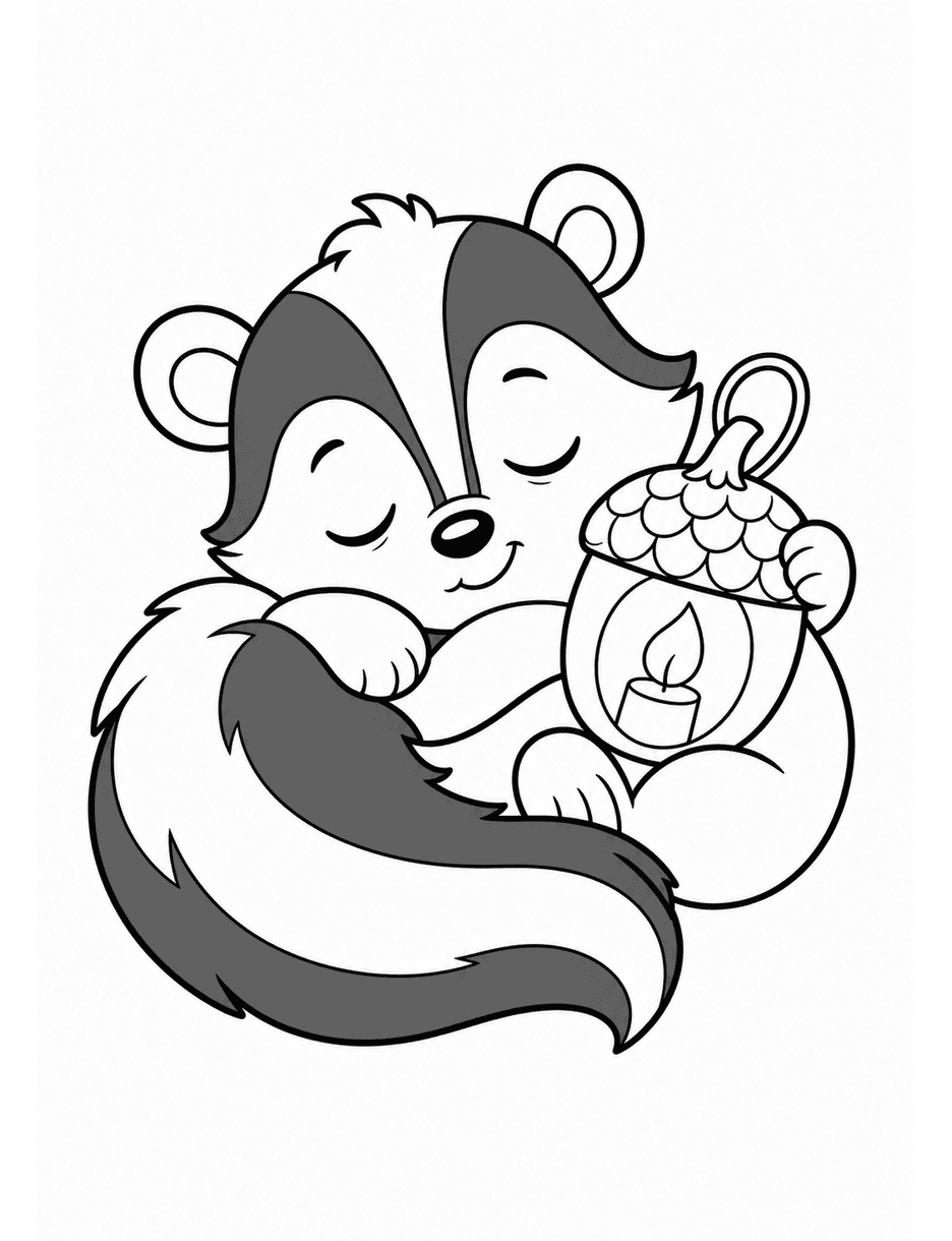 Sleepy Skunk With An Acorn Lantern printable coloring page from the fall coloring pages collection