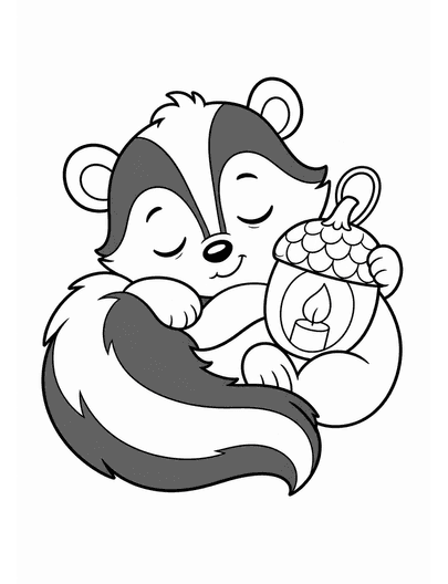 Sleepy Skunk With An Acorn Lantern printable coloring page from the fall coloring pages collection