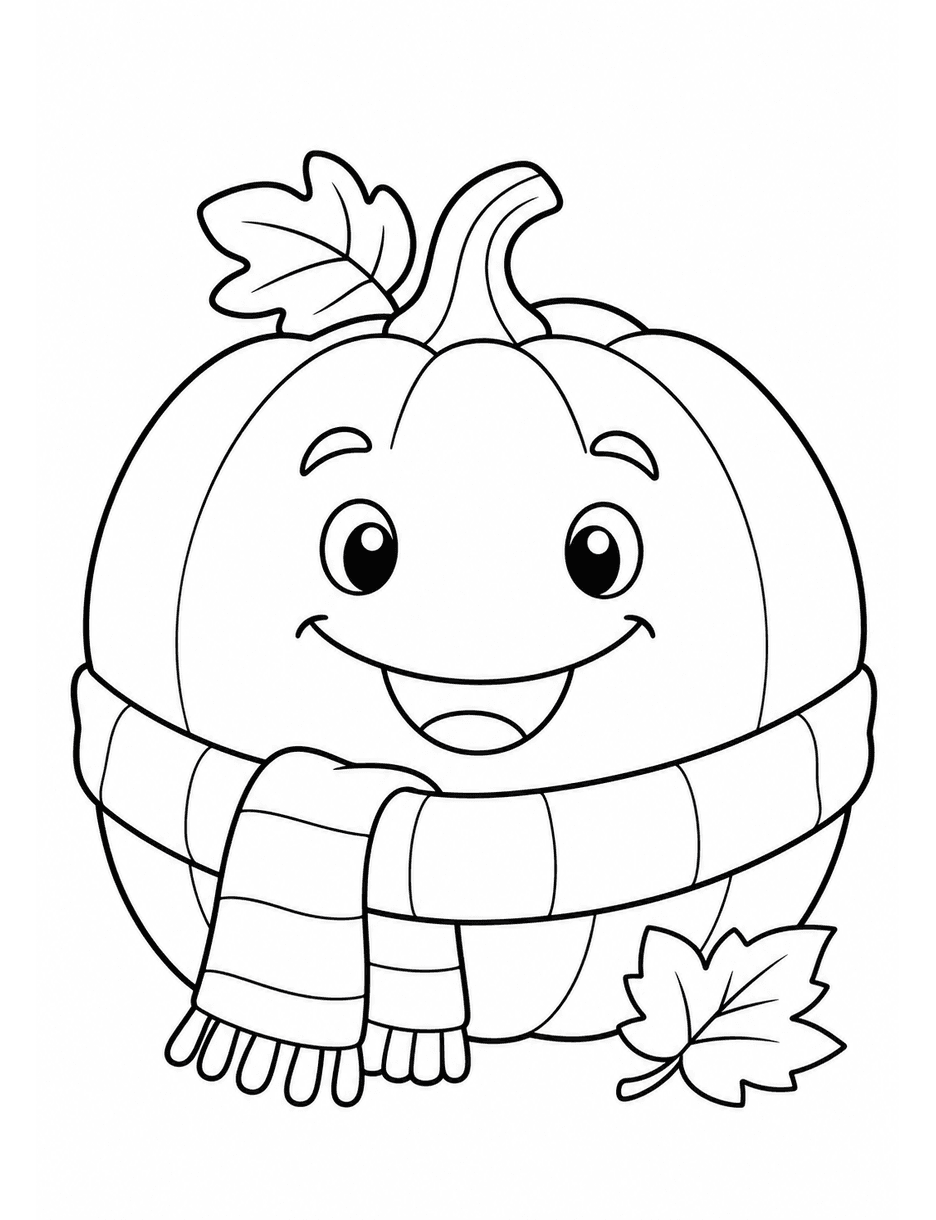Smiling Pumpkin With Cozy Scarf printable coloring page from the fall coloring pages collection