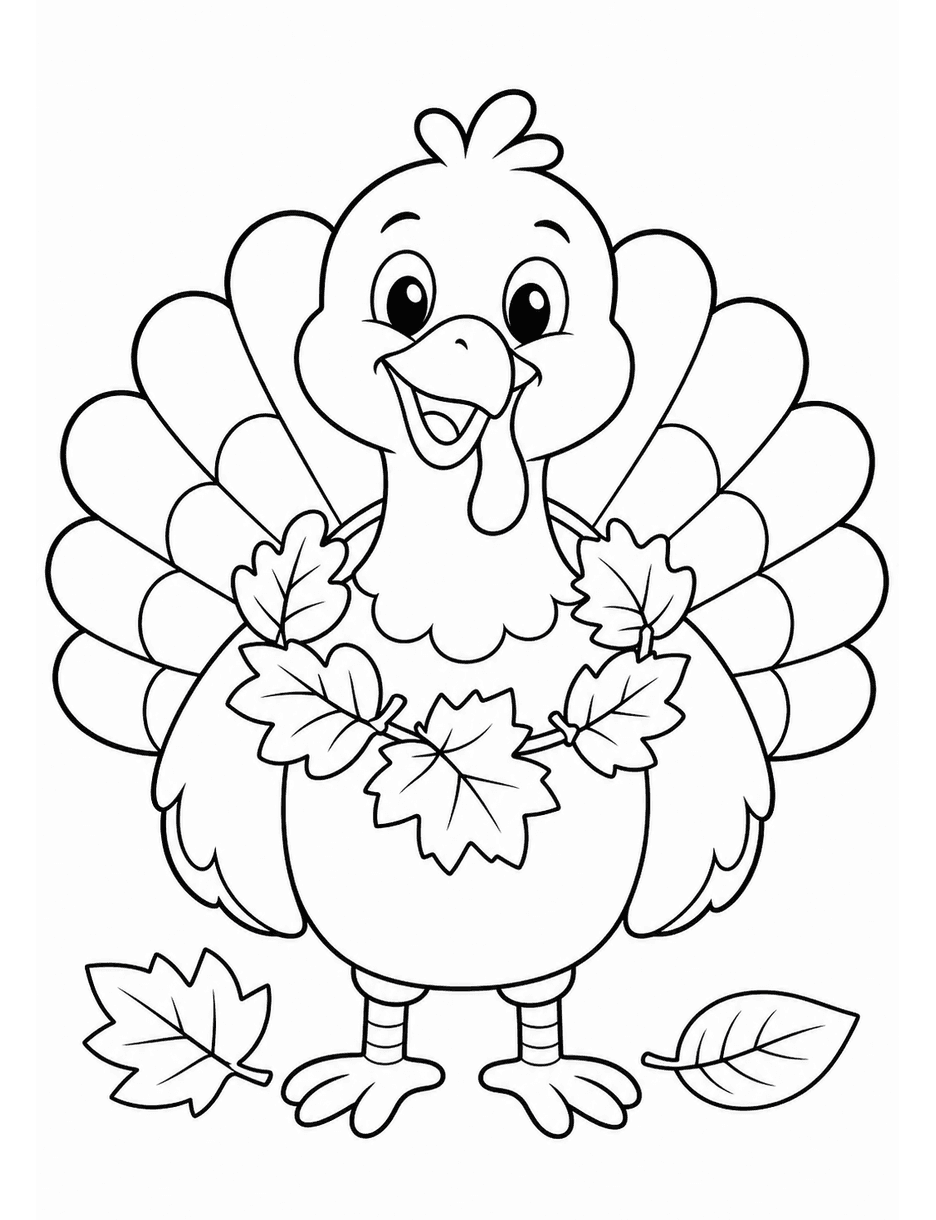 Smiling Turkey With A Leaf Garland printable coloring page from the fall coloring pages collection