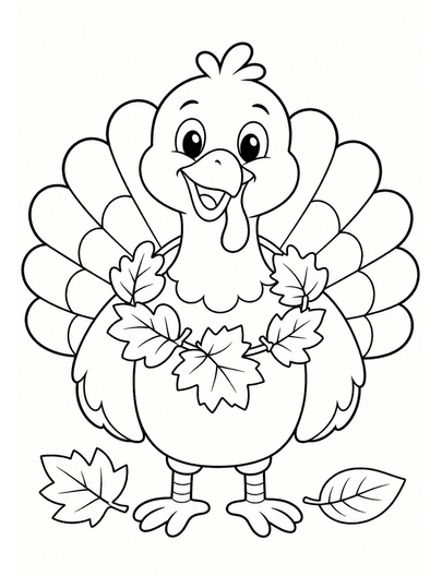 Smiling Turkey With A Leaf Garland printable coloring page from the fall coloring pages collection