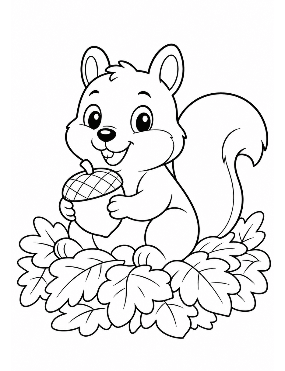 Squirrel With Acorn In Leaf Pile printable coloring page from the fall coloring pages collection
