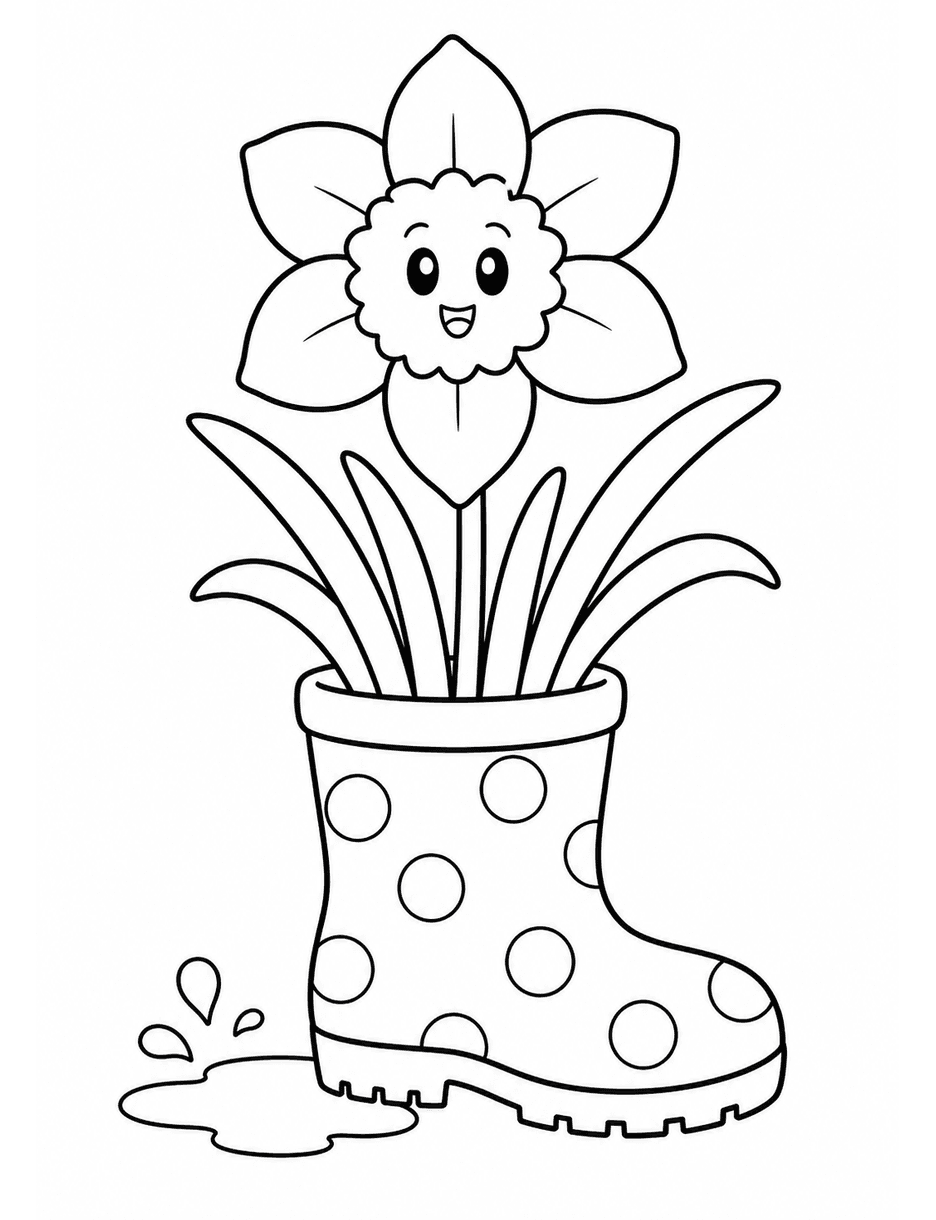 Big Daffodil In A Rain Boot Planter printable coloring page from the flower coloring pages collection