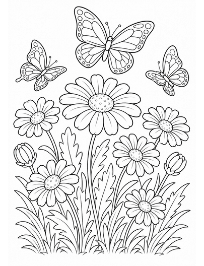 Butterfly Daisy Meadow Bloom printable coloring page from the flower coloring pages collection