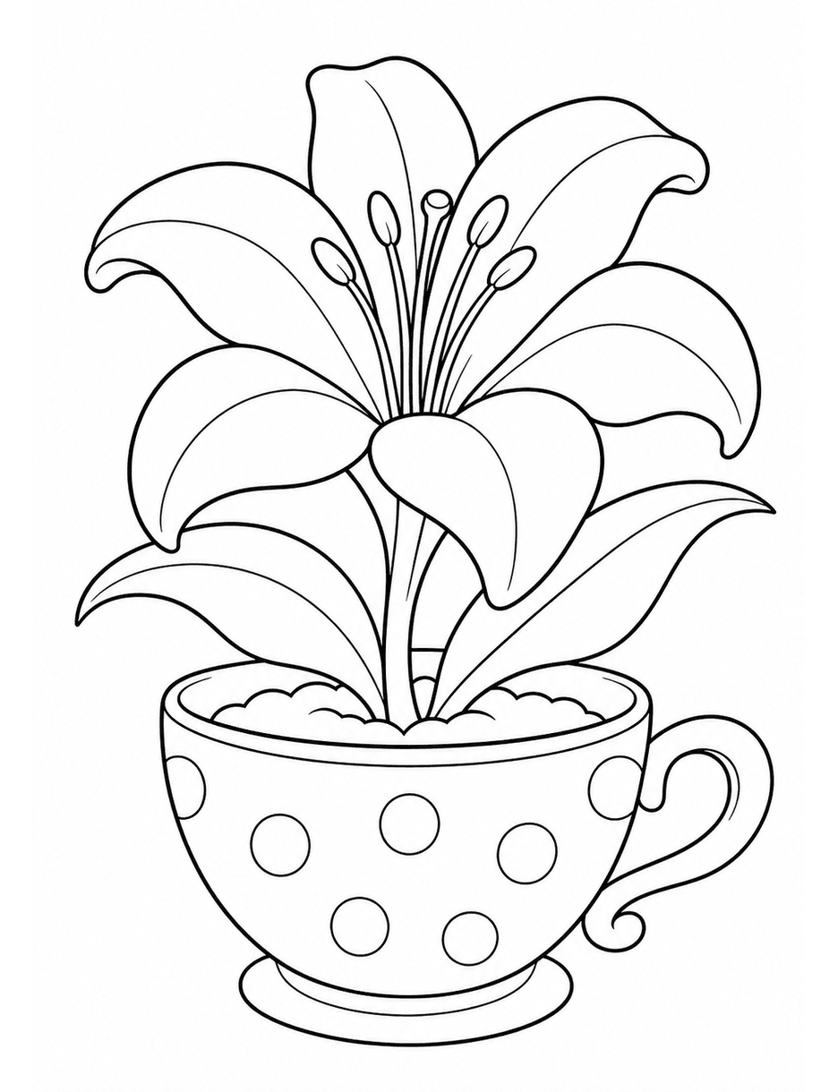 Giant Lily In A Teacup Planter printable coloring page from the flower coloring pages collection