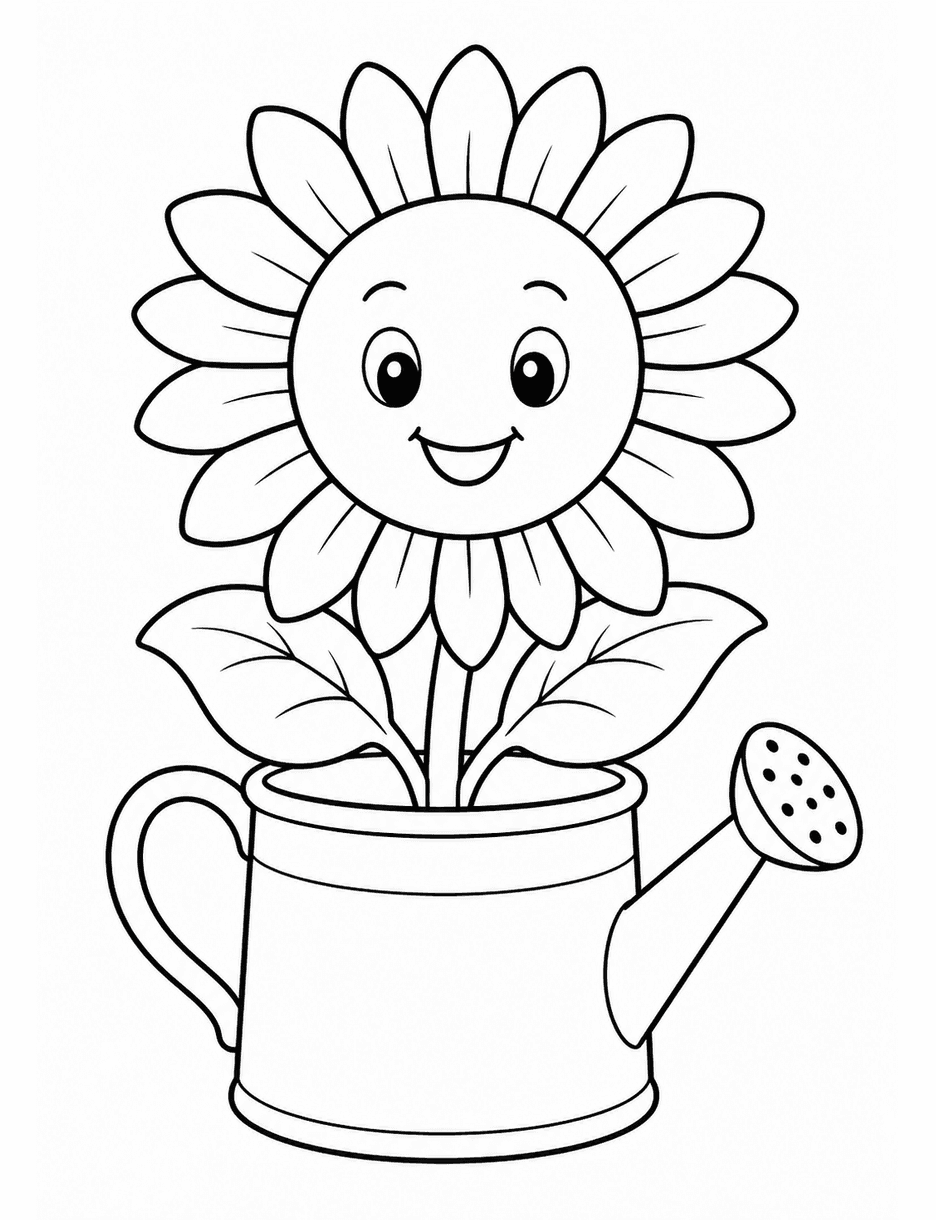 Giant Sunflower In A Watering Bucket printable coloring page from the flower coloring pages collection