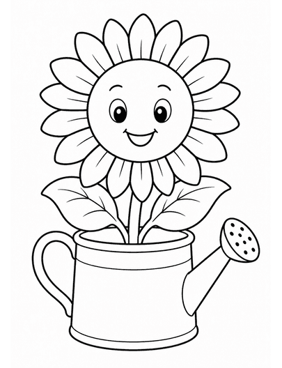 Giant Sunflower In A Watering Bucket printable coloring page from the flower coloring pages collection