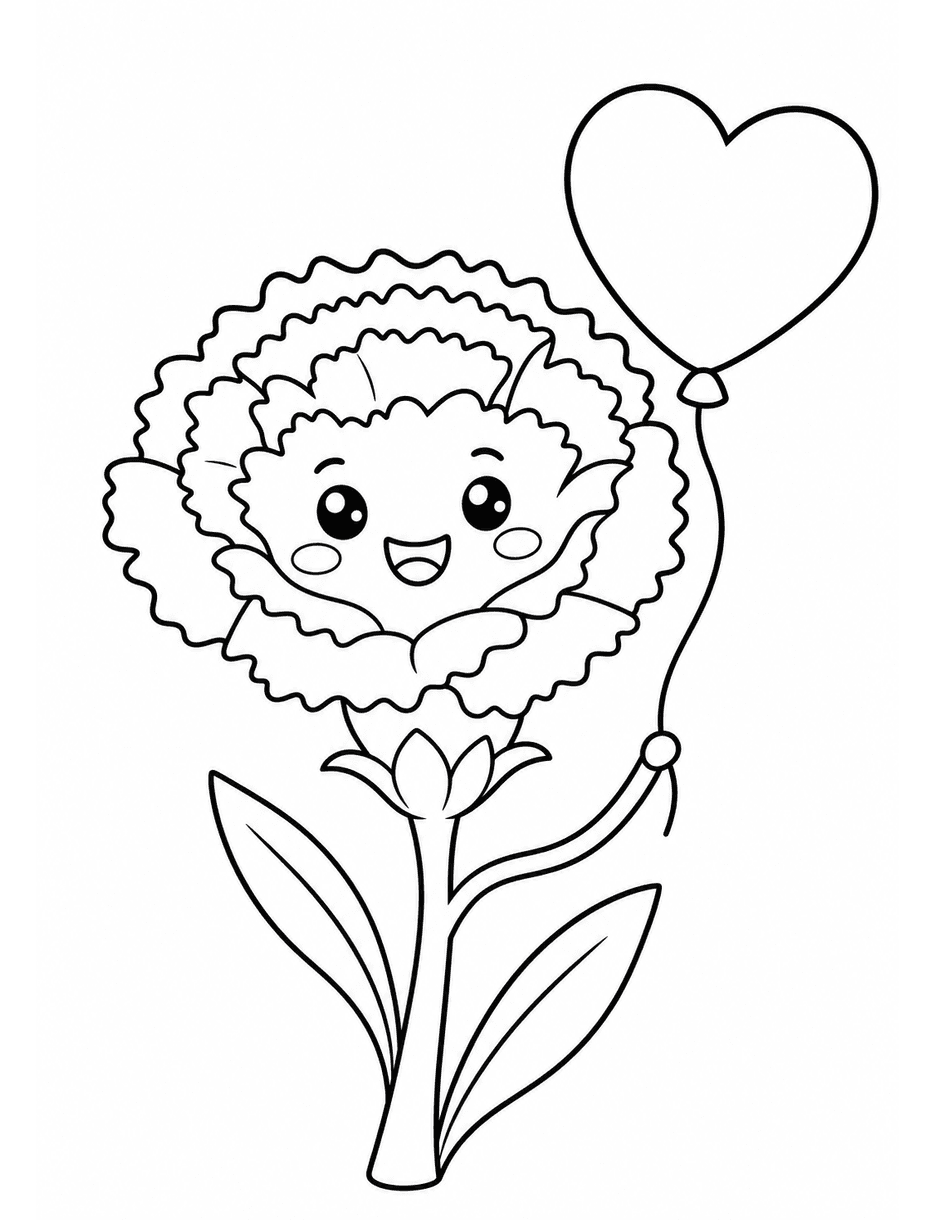Happy Carnation With A Little Heart Balloon printable coloring page from the flower coloring pages collection