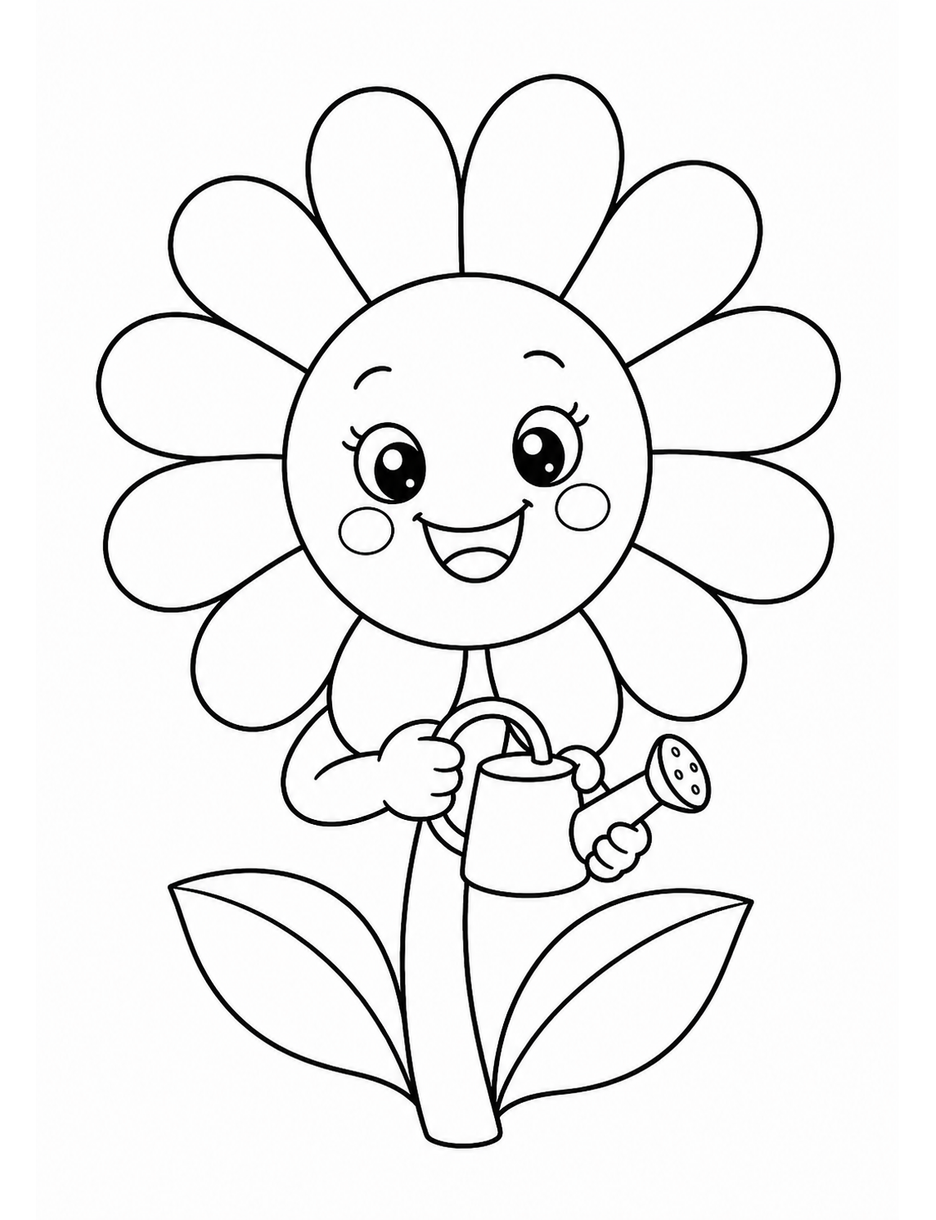Happy Daisy Holding A Tiny Watering Can printable coloring page from the flower coloring pages collection