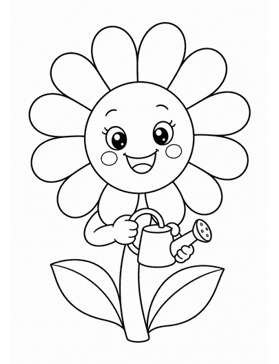 Happy Daisy Holding A Tiny Watering Can printable coloring page from the flower coloring pages collection