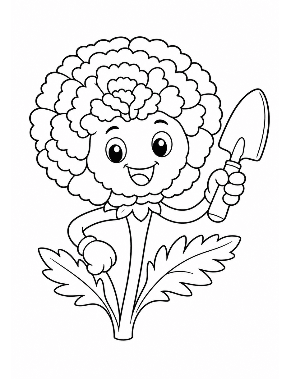 Happy Marigold With A Tiny Garden Trowel printable coloring page from the flower coloring pages collection