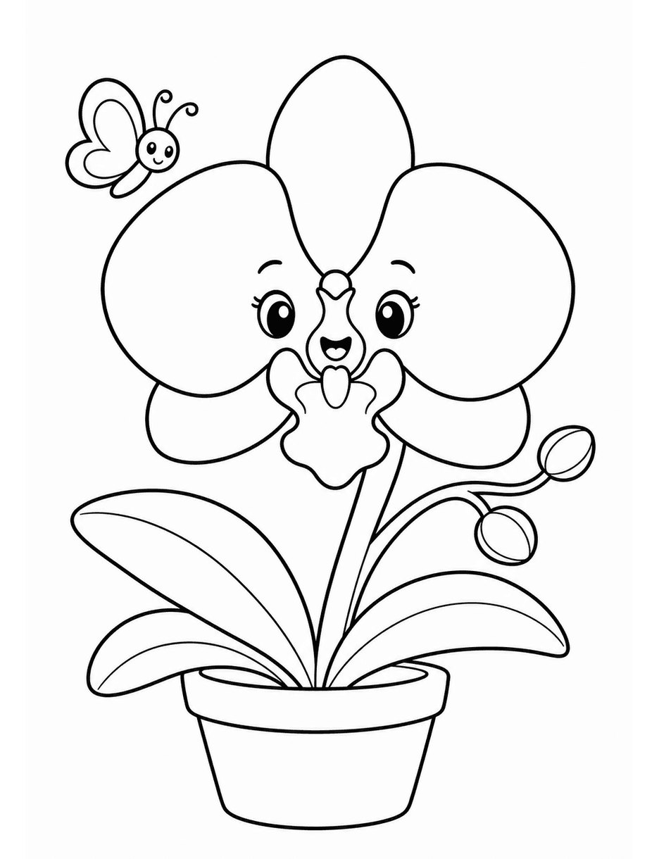 Happy Orchid With A Small Butterfly printable coloring page from the flower coloring pages collection