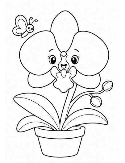 Happy Orchid With A Small Butterfly printable coloring page from the flower coloring pages collection