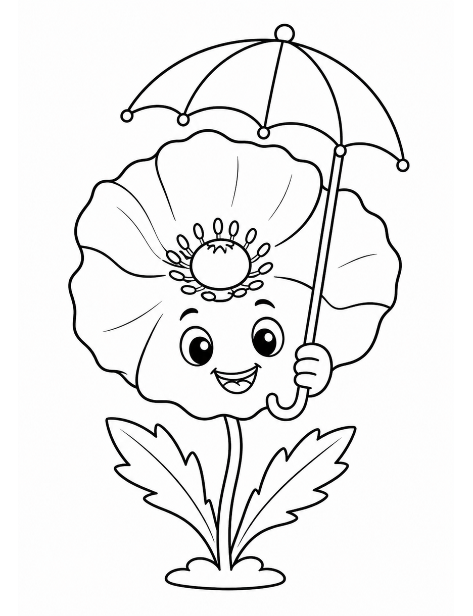 Happy Poppy Under A Tiny Umbrella printable coloring page from the flower coloring pages collection